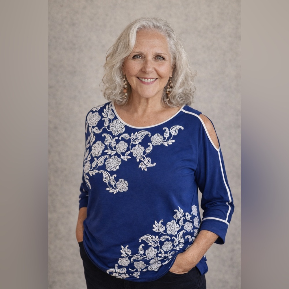 Ruby Rd. Blue and White Floral Blouse